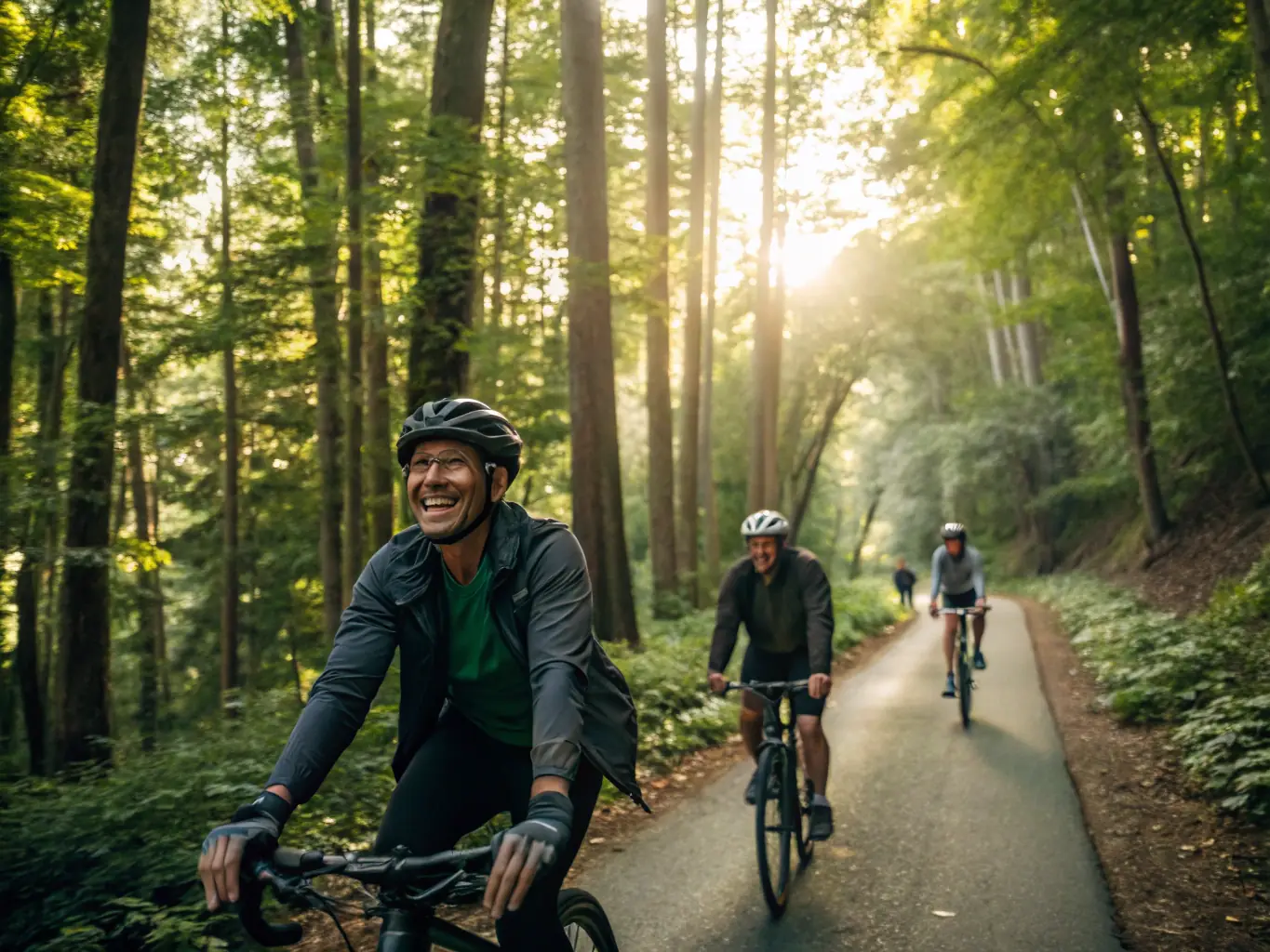 A group of cyclists of varying ages and abilities riding together on a paved path through a lush green forest, sunlight filtering through the trees, creating a sense of camaraderie and adventure.