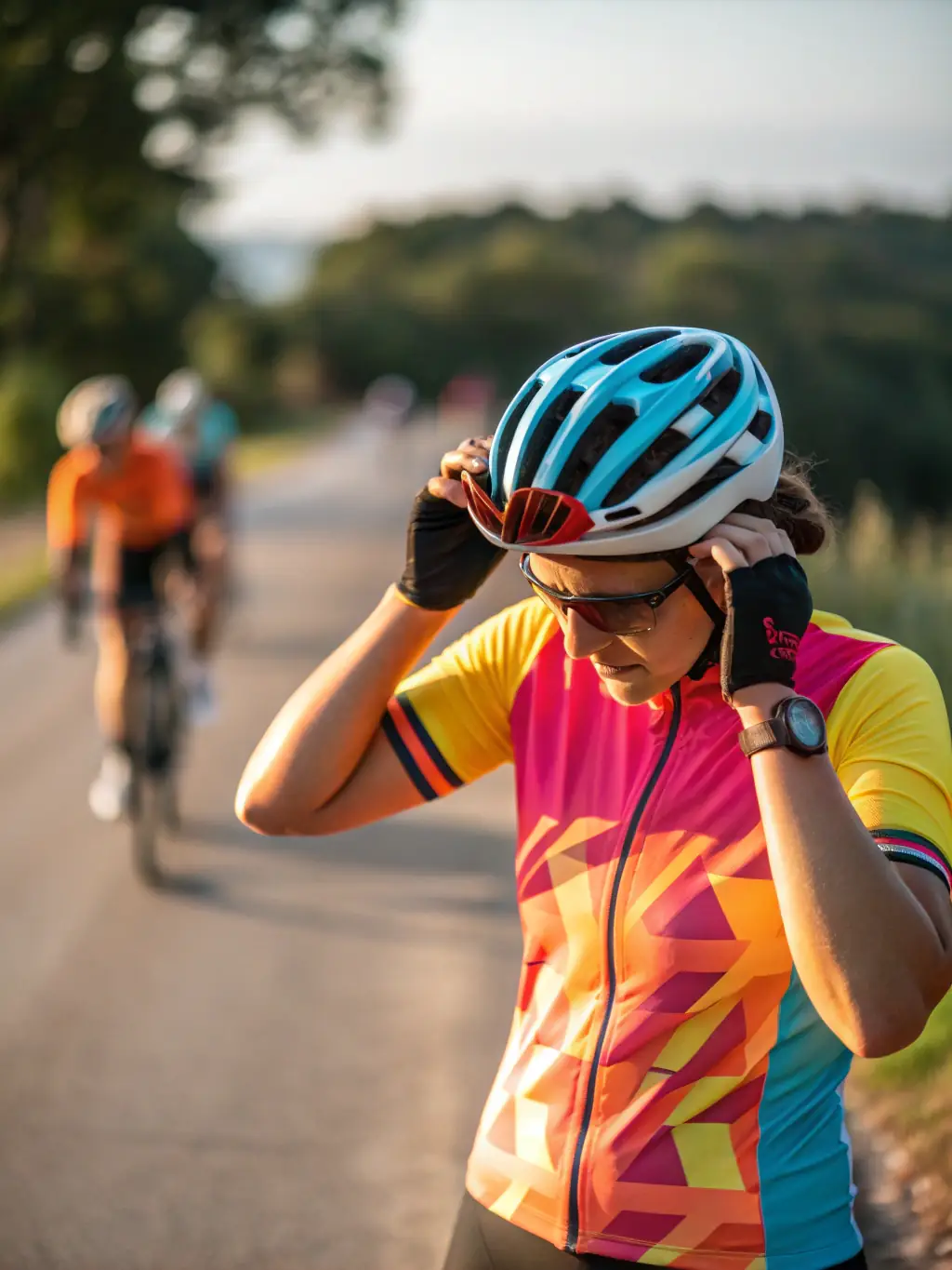 A cyclist wearing safety gear and giving a thumbs up, with a blurred background of other cyclists and a road safety sign, representing the club's focus on safe cycling practices.