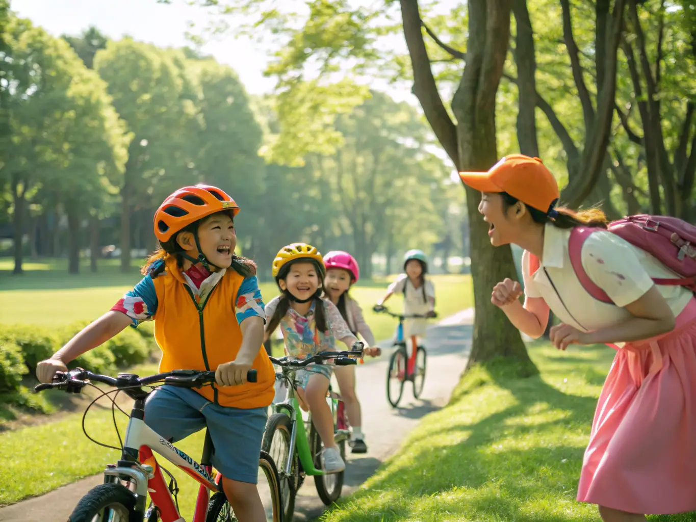 A group of children are participating in a cycling safety workshop, learning about road rules and bike maintenance from an experienced instructor. This image represents our commitment to promoting safe cycling practices among young riders.