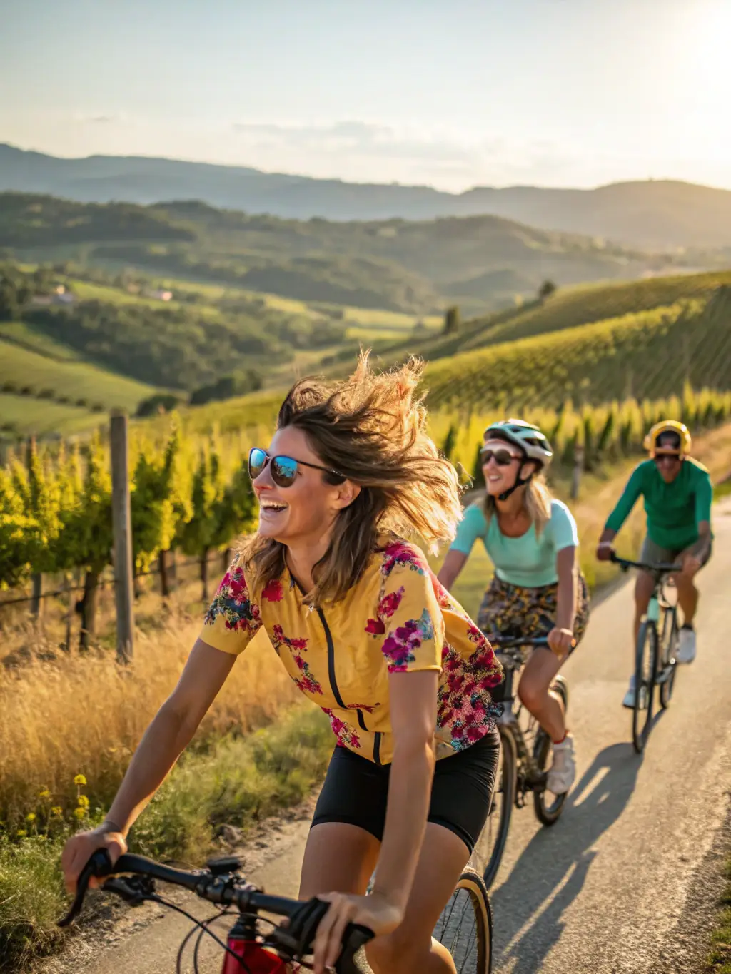 A group of cyclists riding through a vineyard during a wine tour, with rolling hills and clear skies in the background, showcasing the club's themed cycling outings.