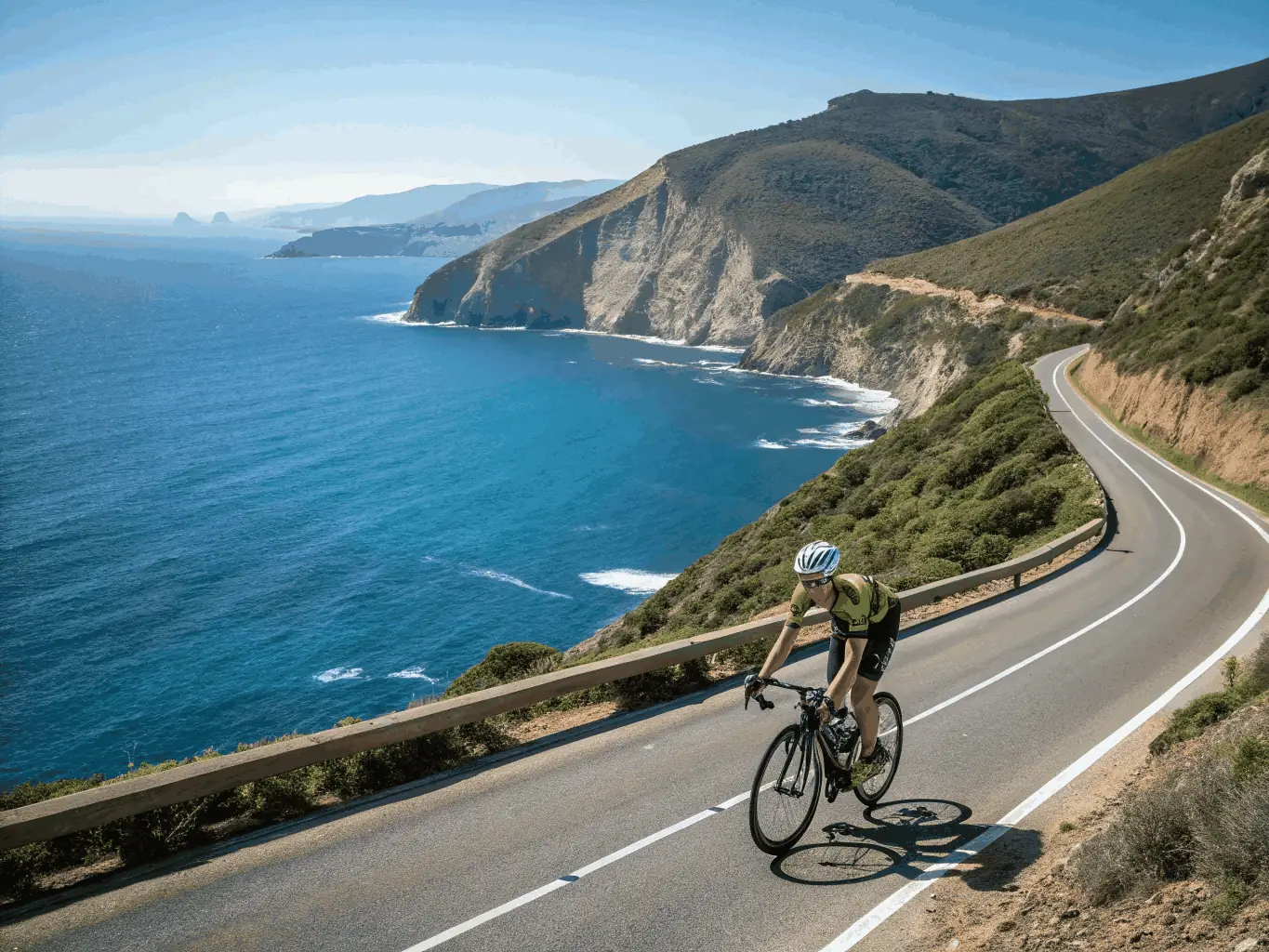 A cyclist is confidently riding up a steep hill on a mountain road, with stunning views of the surrounding countryside in the background. This image represents the challenging and rewarding nature of our cyclotourism adventures.
