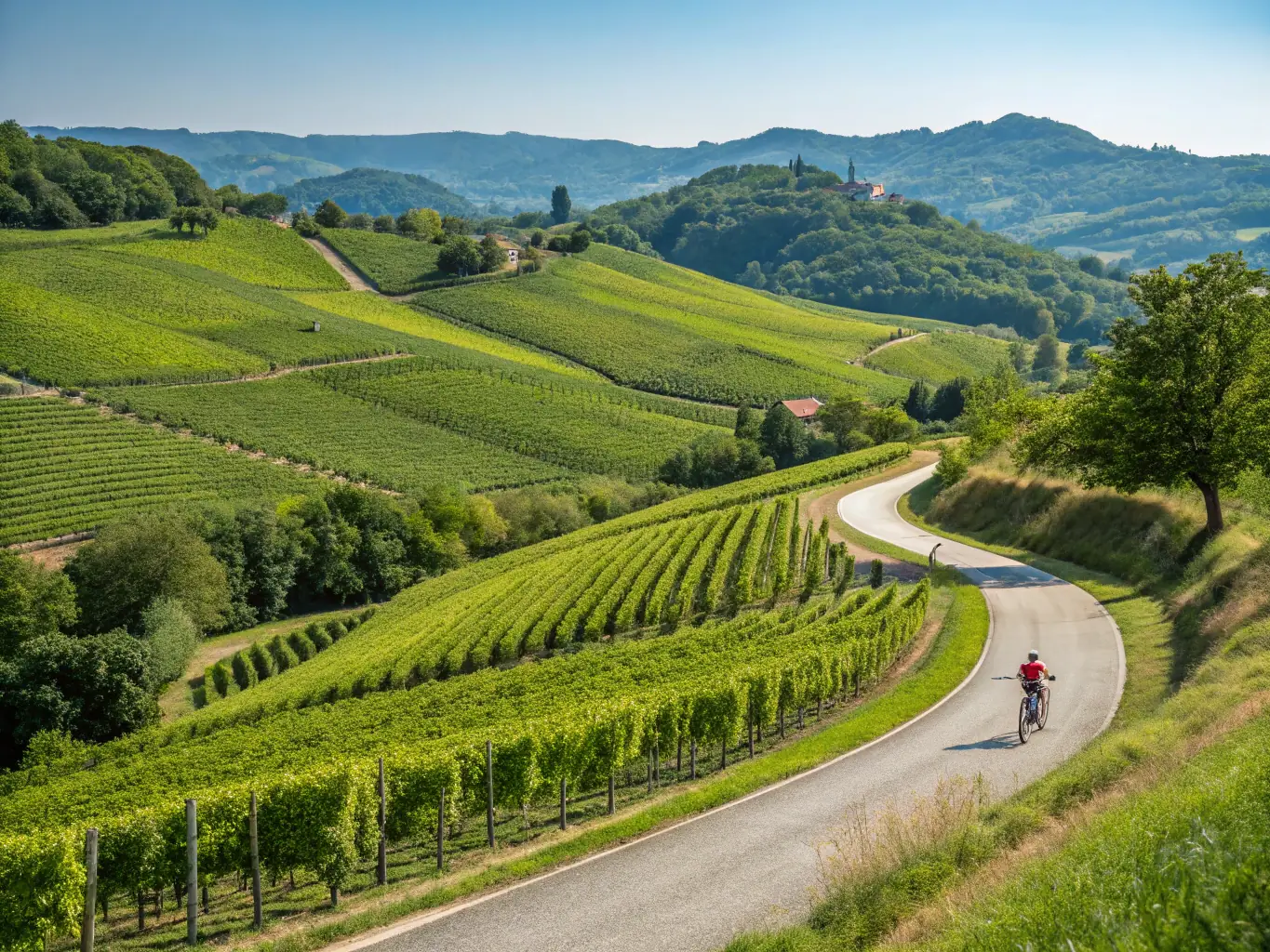 A cyclist taking a break on a scenic overlook, gazing at a panoramic view of rolling hills and vineyards, with their bicycle resting beside them.