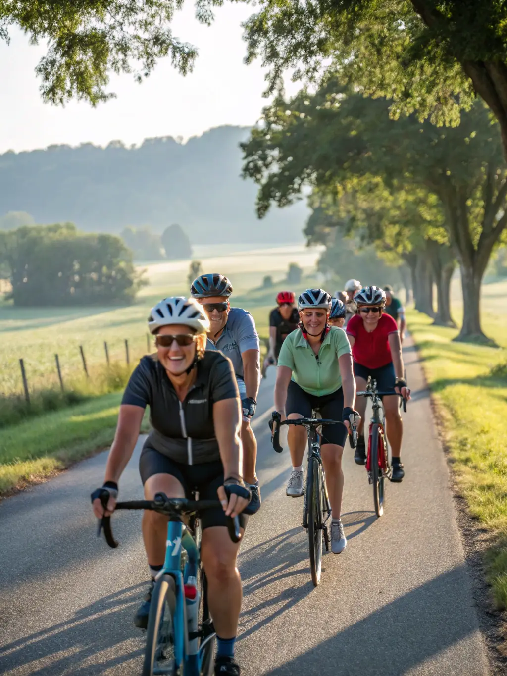 A group of cyclists of varying ages and abilities riding together on a paved path through a sunny, green park, showcasing the club's inclusive community cycling program.